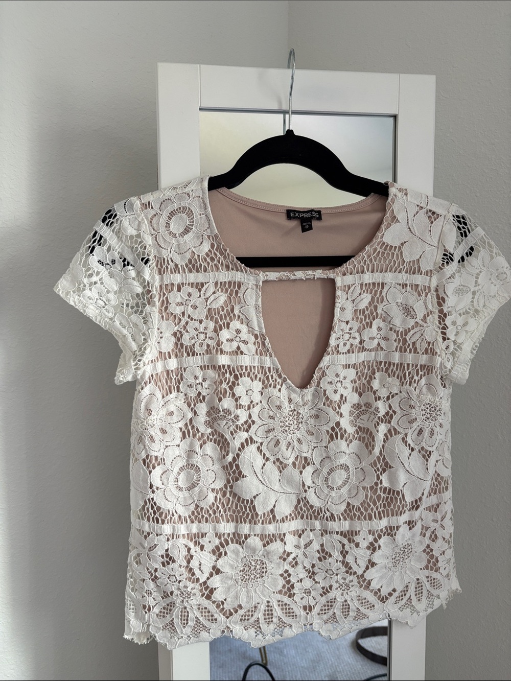 Express White Lace Overlay top with Blush Lining